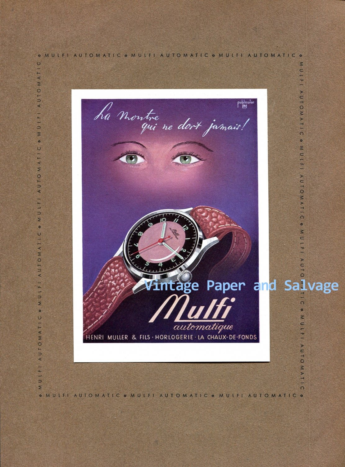 Vintage 1945 Mulfi Automatic Watch Advert Henri Muler & Fils Horlogerie 1940s Swiss Ad Suisse