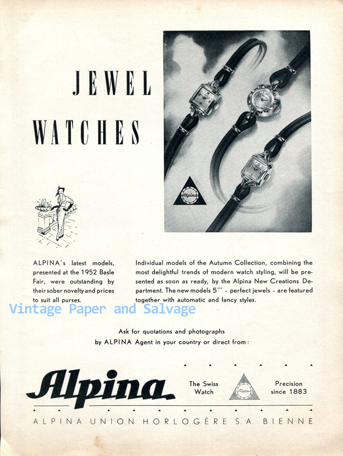 Vintage 1952 Alpina Watch Company Alpina Union Horlogere SA Switzerland Swiss Ad Advert Suisse