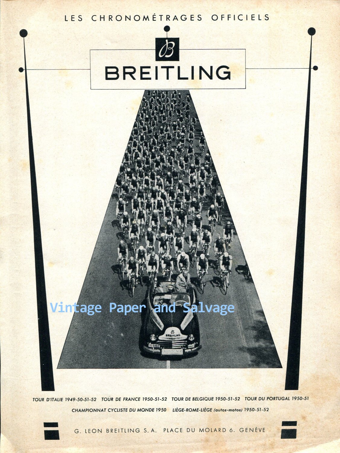 Vintage 1952 Breitling Geneve Les Chronometrages Officiels Cyclist Races Racing Swiss Ad Suisse