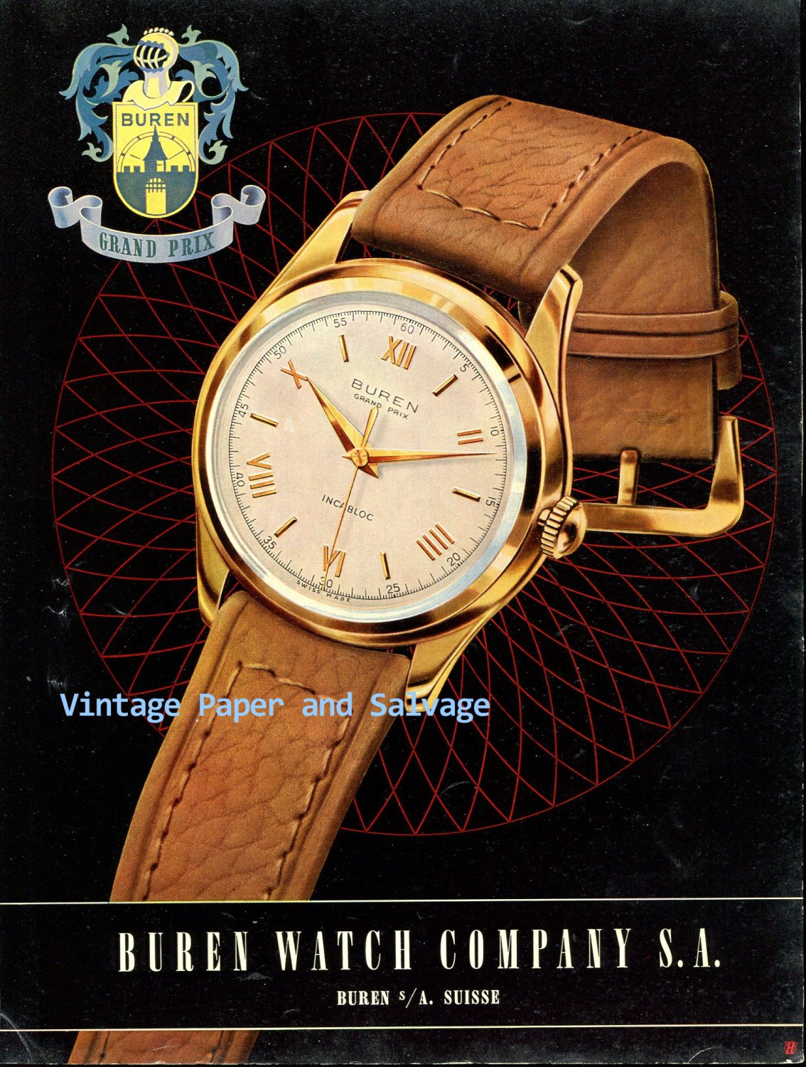 Vintage 1952 Buren Grand Prix Watch Advert Switzerland Original 1950s Swiss Print Ad Suisse