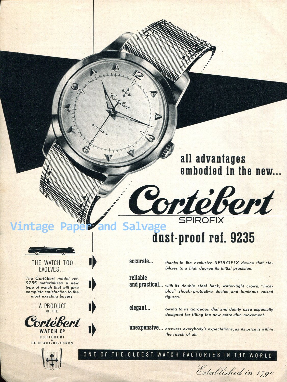Vintage 1952 Cortebert Spirofix Watch Advert 1950s Swiss Print Ad Suisse Switzerland