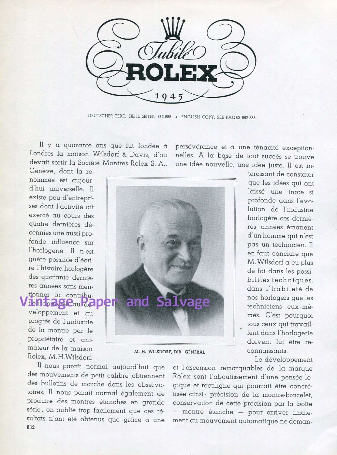 1945 Rolex Watch Company Jubile M H Wilsdorf Societe Montres Rolex SA Switzerland
