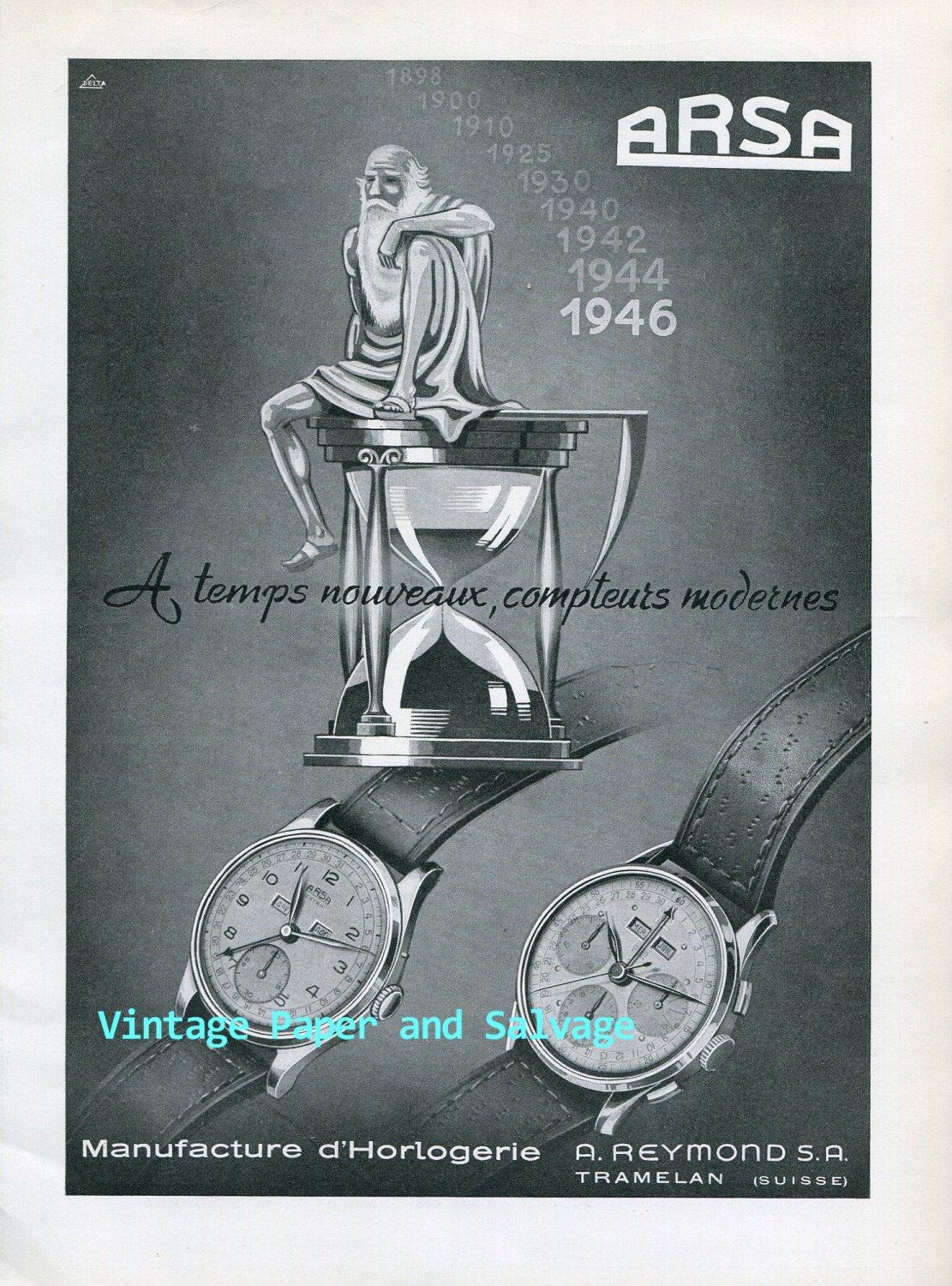 Arsa Watch Company A Reymond SA Switzerland Original 1945 Swiss Ad Advert Suisse