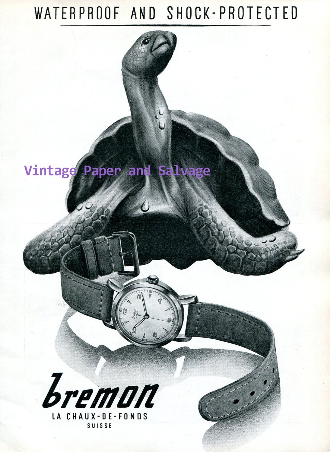 Bremon Watch Company Waterproof Shock Protected Turtle Vintage 1945 Swiss Ad Advert Suisse