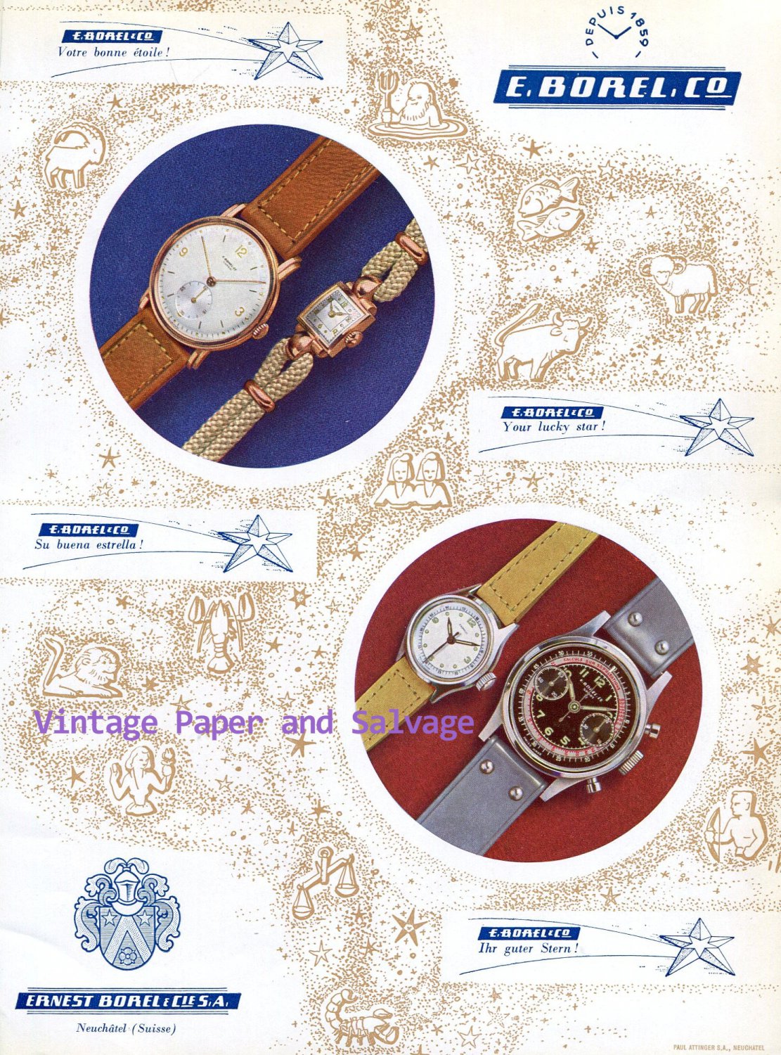 Ernest Borel & Cie Watch Company Your Lucky Star Vintage 1945 Swiss Ad Advert Suisse