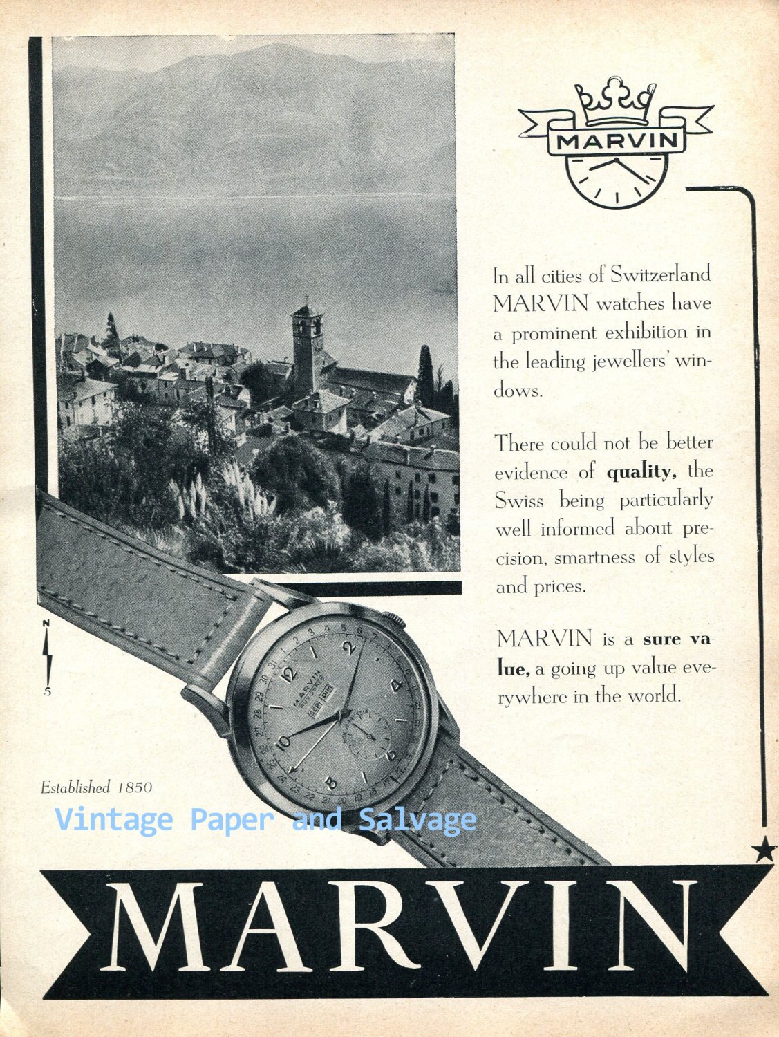 Vintage 1952 Marvin Watch Company Switzerland Original 1950s Swiss Ad Advert