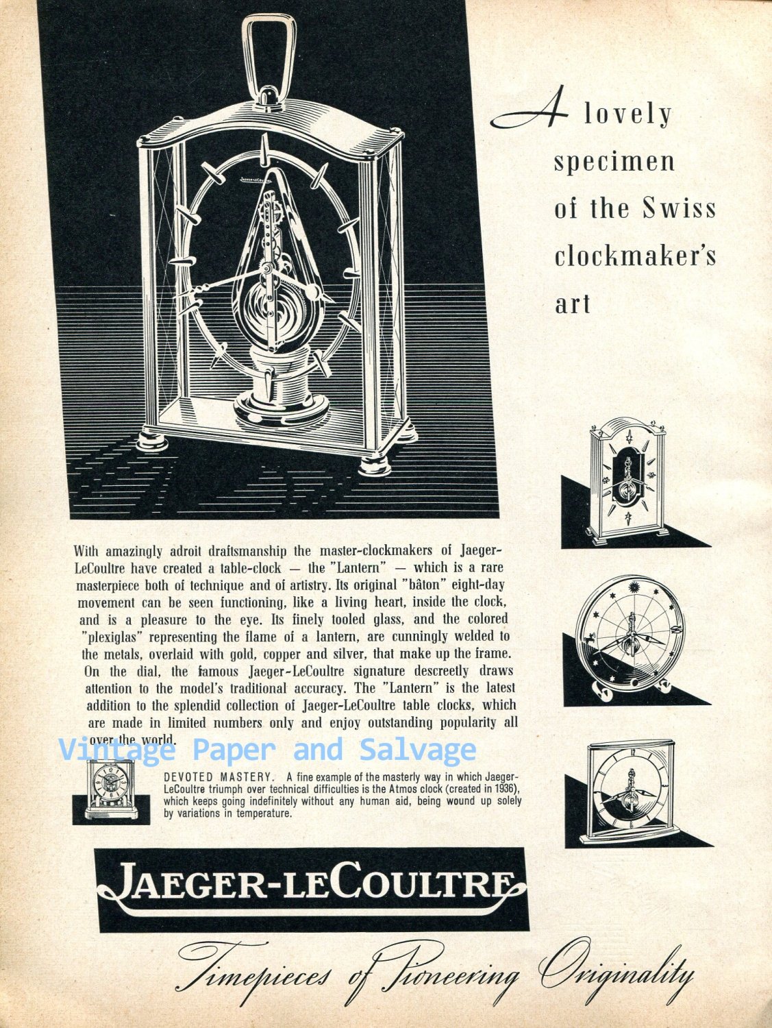 Vintage 1952 Jaeger-LeCoultre Lantern Table Clock Advert Swiss Print Ad Suisse 1950s