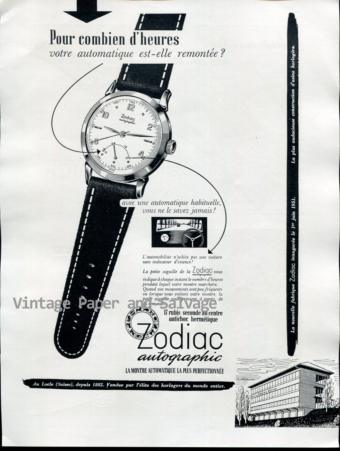Vintage 1952 Zodiac Autographic Watch Advert 1950s Swiss Print Ad Suisse Switzerland