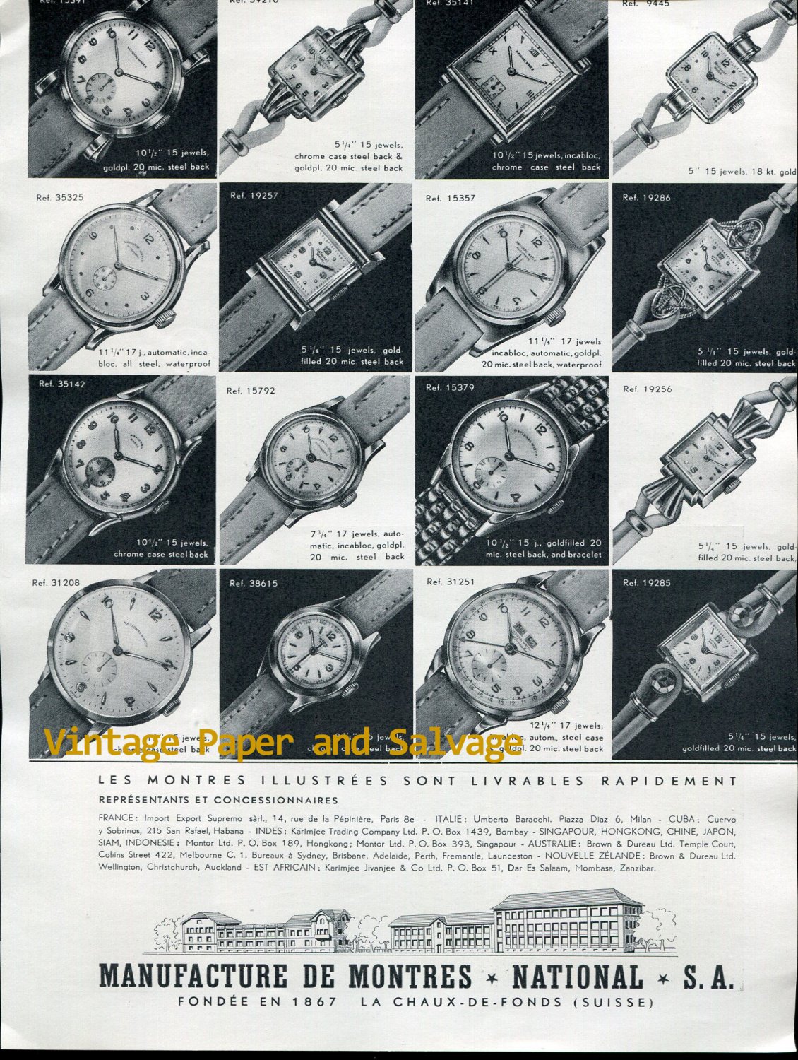 1952 Montres National SA Watch Company Switzerland Vintage 1950s Swiss Print Ad Suisse