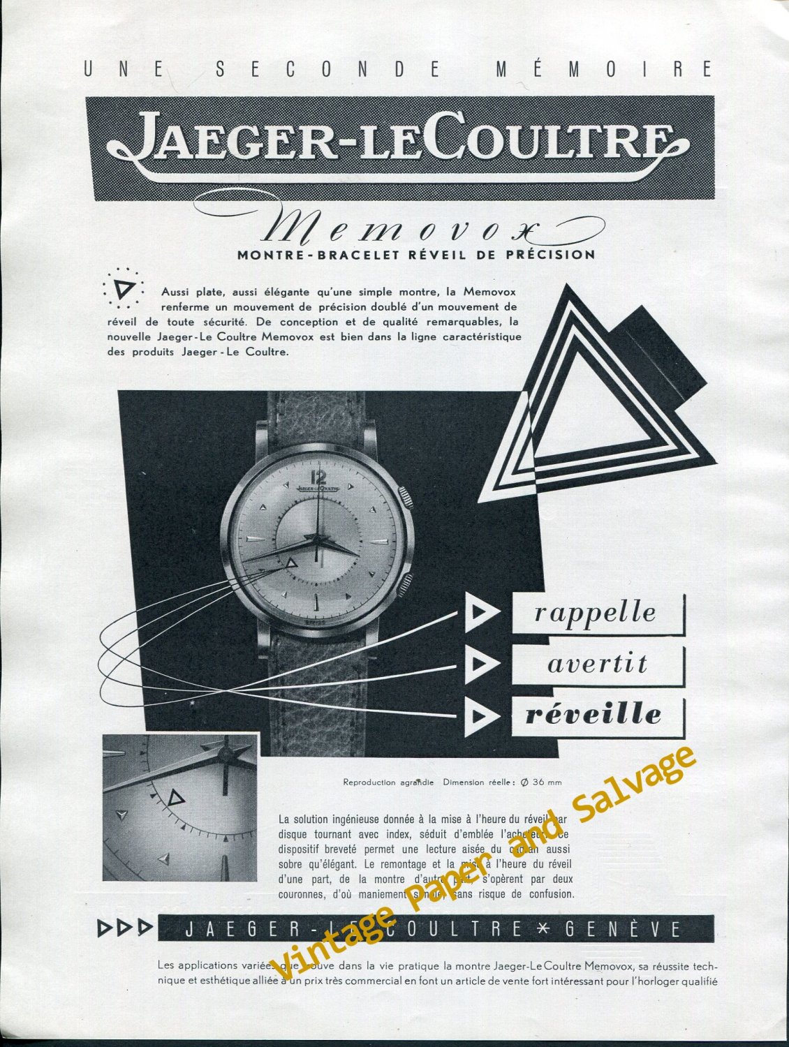 Vintage 1952 Jaeger-LeCoultre Memovox Wrist Watch Advert 1950s Swiss Print Ad Switzerland