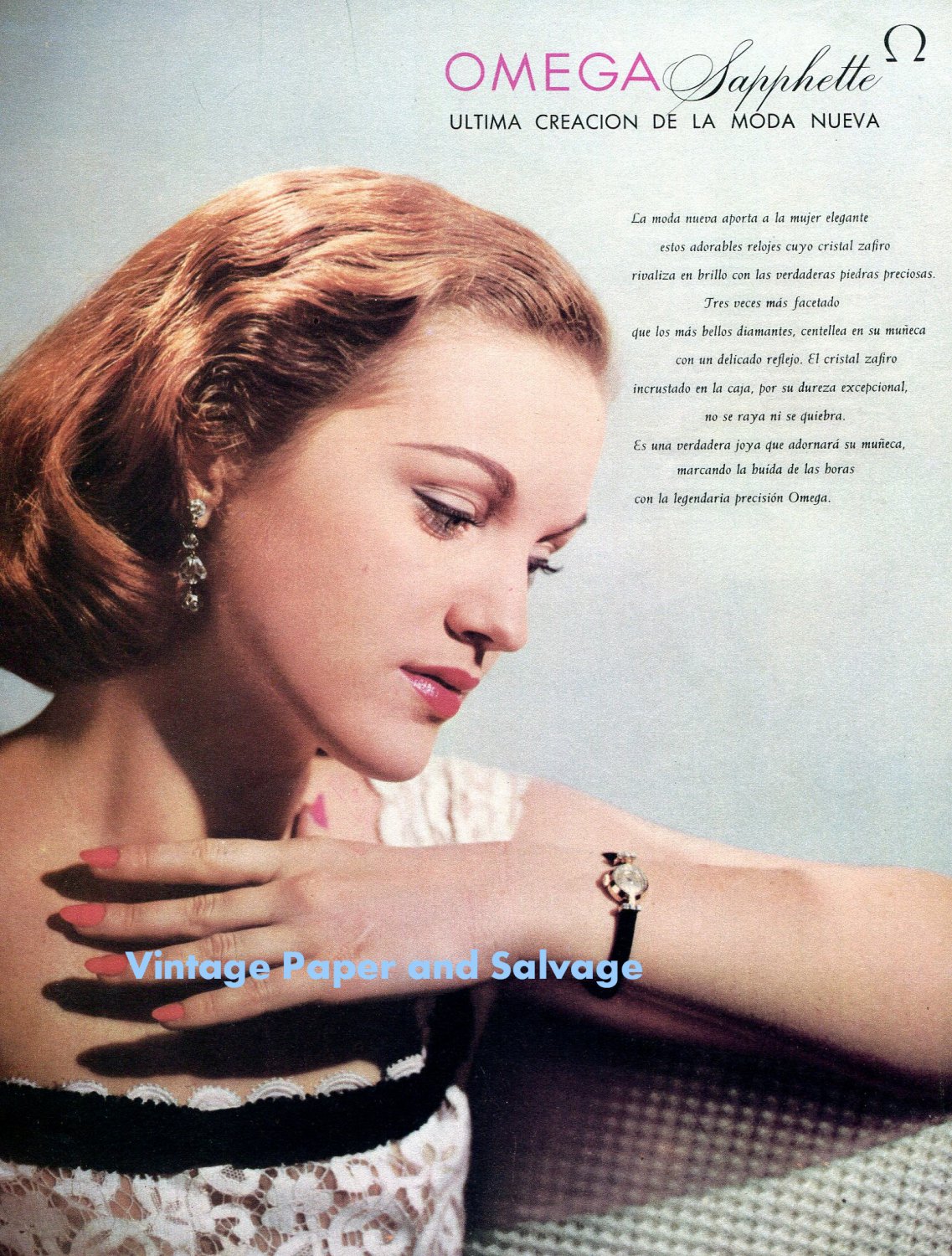 1958 Omega Sapphette Watch Advert Vintage 1950s Spanish Print Ad Publicite Omega CH Switzerland