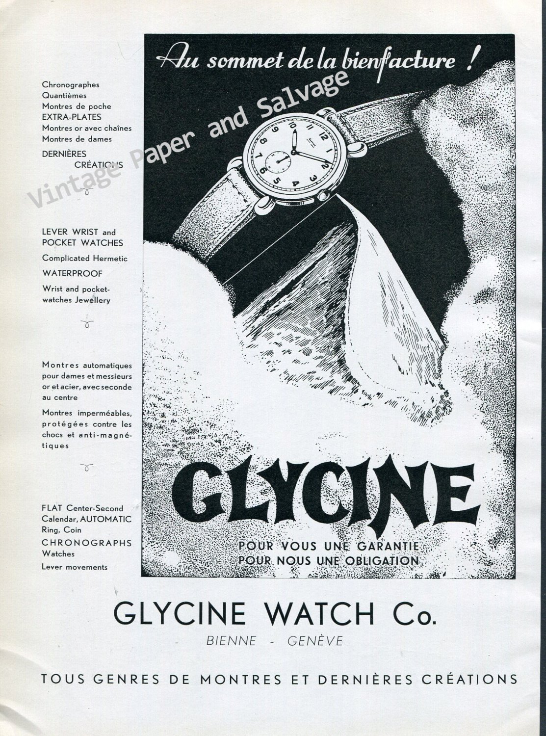 Vintage 1946 Glycine Watch Company Bienne Geneva Switzerland 1940s Swiss Print Ad Suisse Suiza