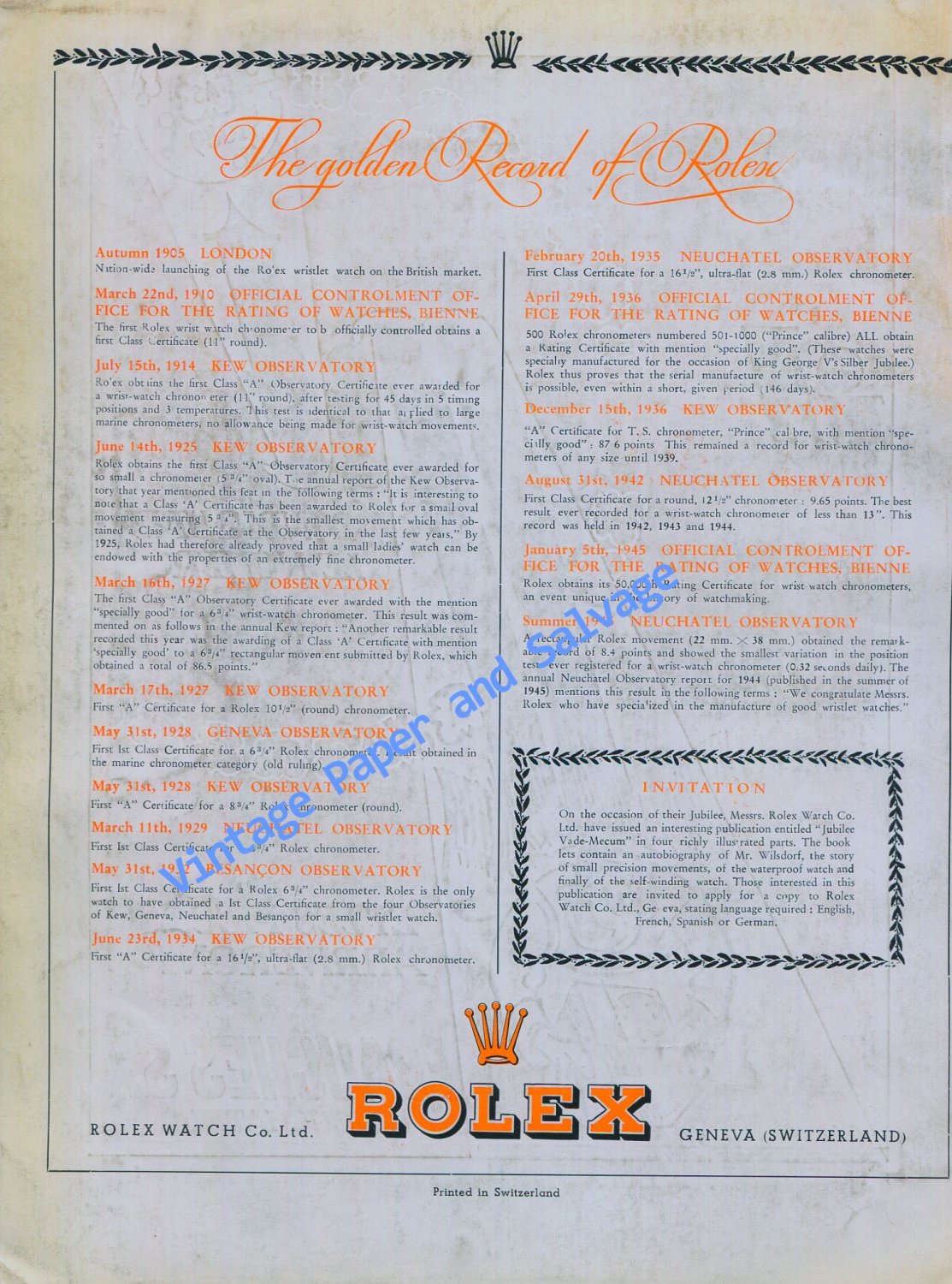 1946 Rolex Watch Company The Golden Record of Rolex Vintage 1940s Swiss Print Ad