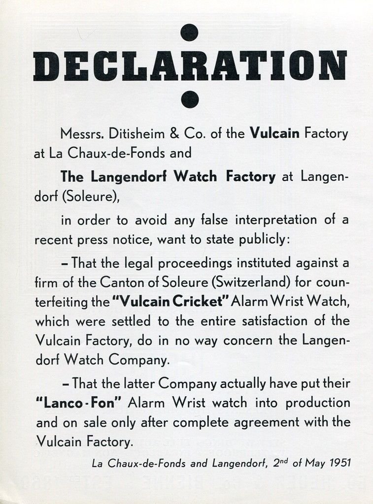1951 Vulcain Watch Co Declaration Langendorf Watch Factory Swiss Ad Advert Suisse