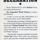 1951 Vulcain Watch Co Declaration Langendorf Watch Factory Swiss Ad Advert Suisse