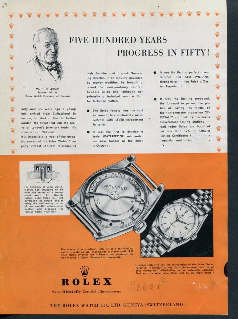 1951 Rolex Watch Co Five Hundred Years of Progress Vintage 1950s Swiss Print Ad Suisse Switzerland