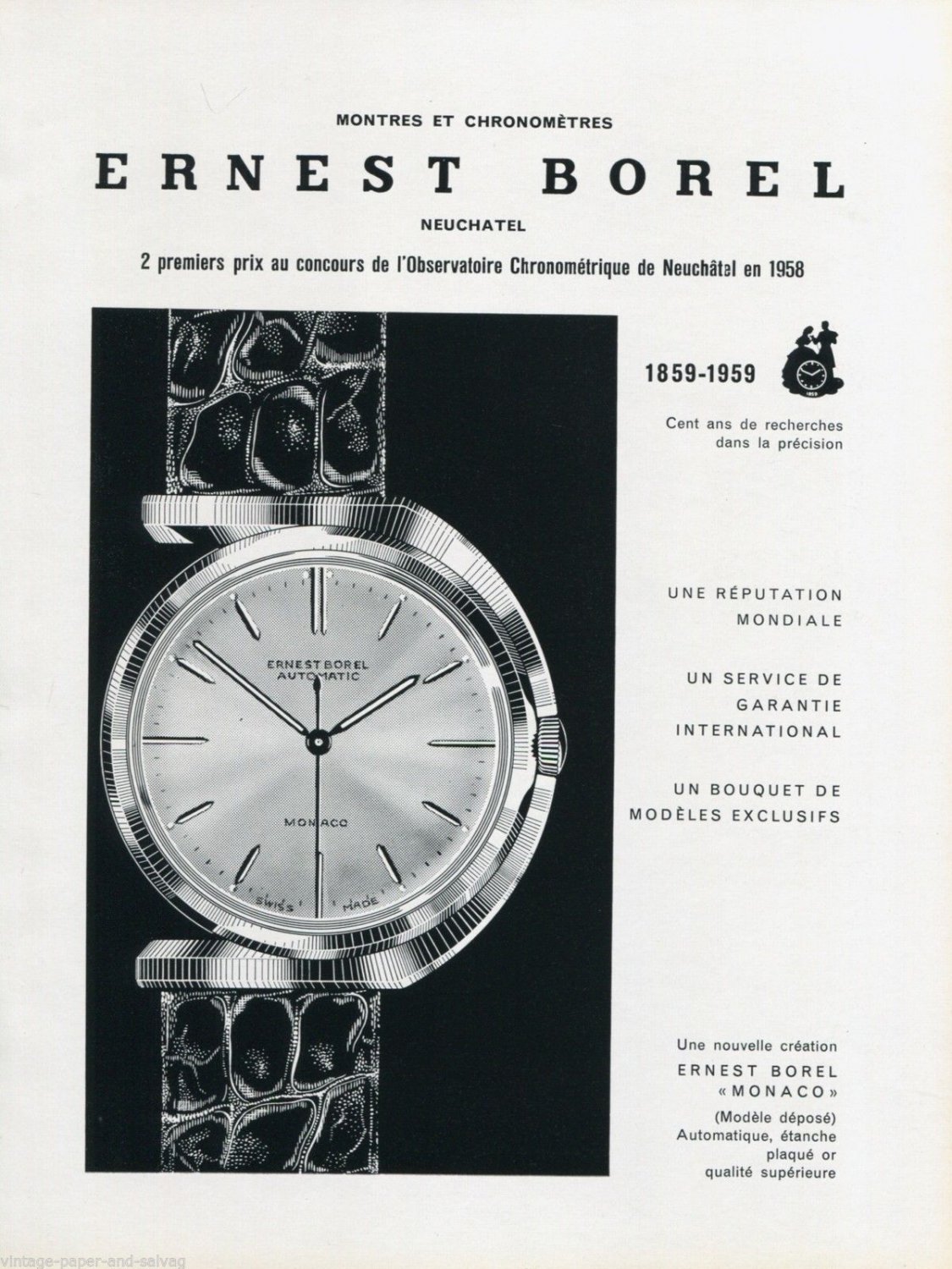 1959 Ernest Borel Watch Company 100th Anniversary Vintage Swiss Ad Advert Suisse Switzerland