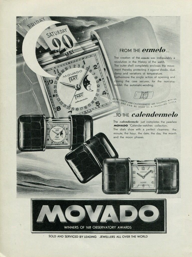 1949 Movado Ermeto Calendermeto Clock Advert Vintage Swiss Print Ad Publicite Suisse