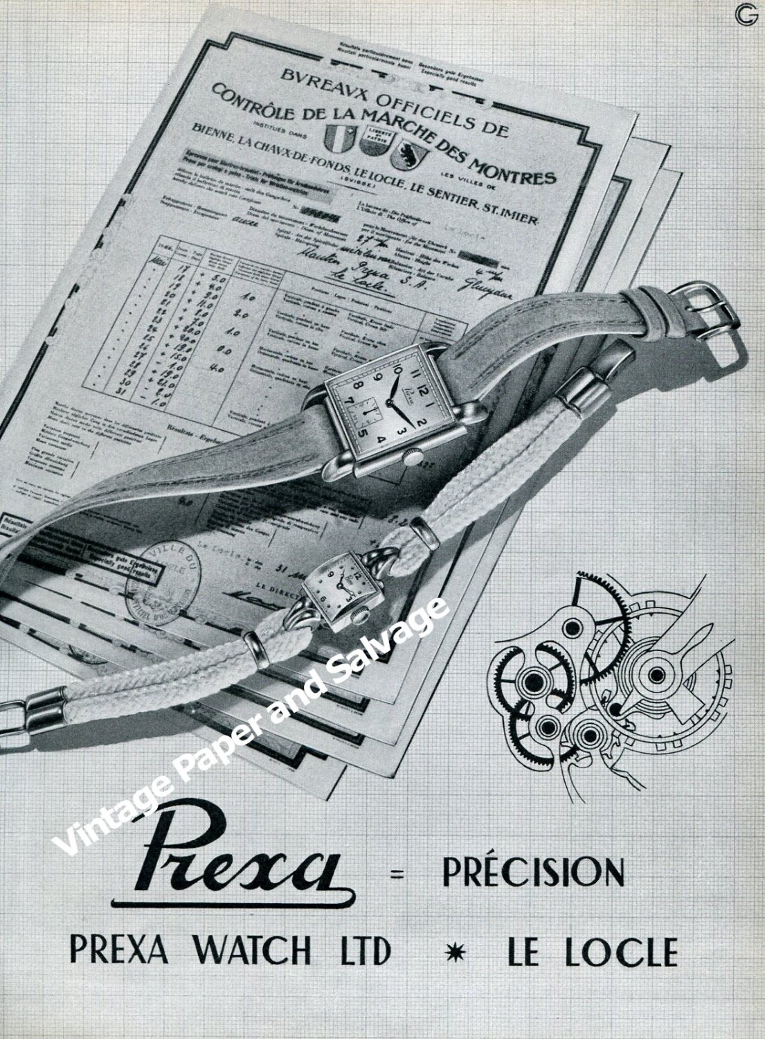 Prexa Watch Company Le Locle Switzerland Vintage 1946 Swiss Ad Advert Suisse Schweiz
