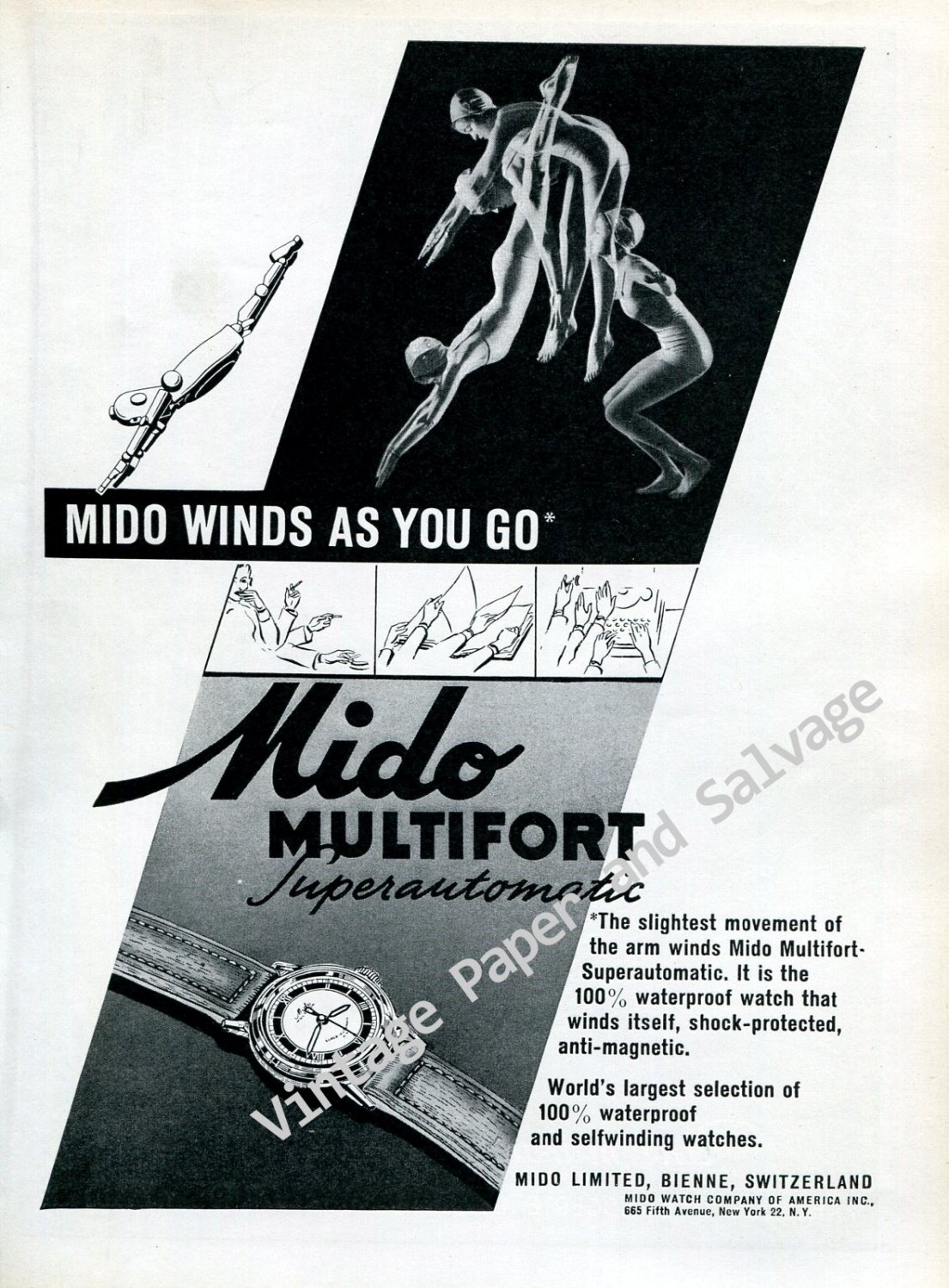 Mido Multifort Superautomatic Watch Advert Vintage 1946 Swiss Ad Advert Suisse 1940s