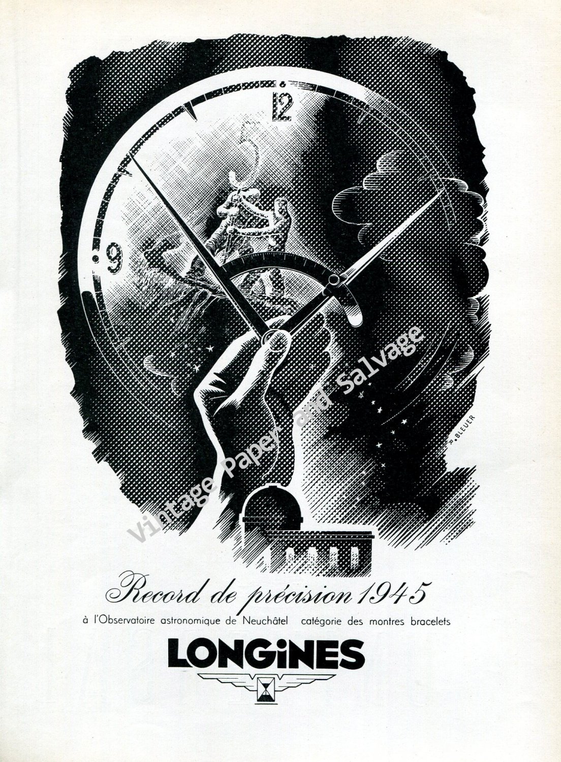 Longines Switzerland Record de Precision Vintage 1946 Swiss Ad Advert Suisse 1940s Switzerland
