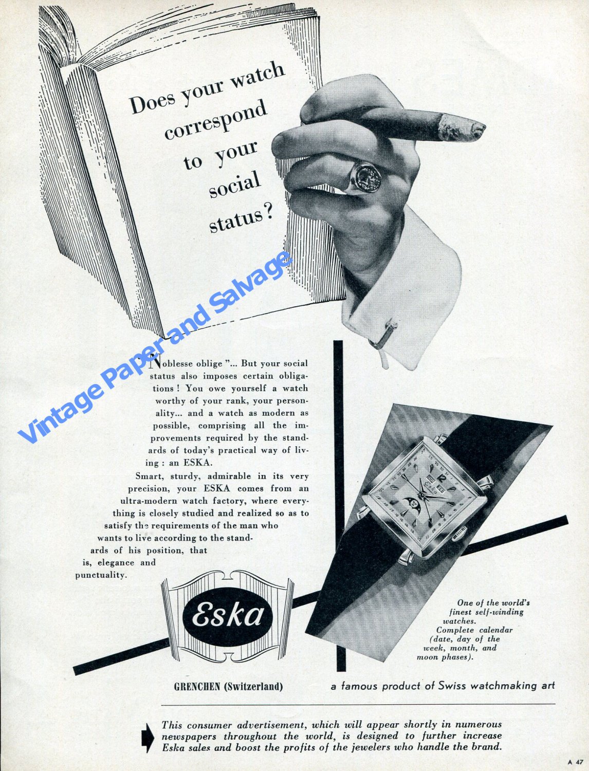 1957 Eska Watch Company Does Your Watch Correspond to Your Social Status Swiss Ad Advert