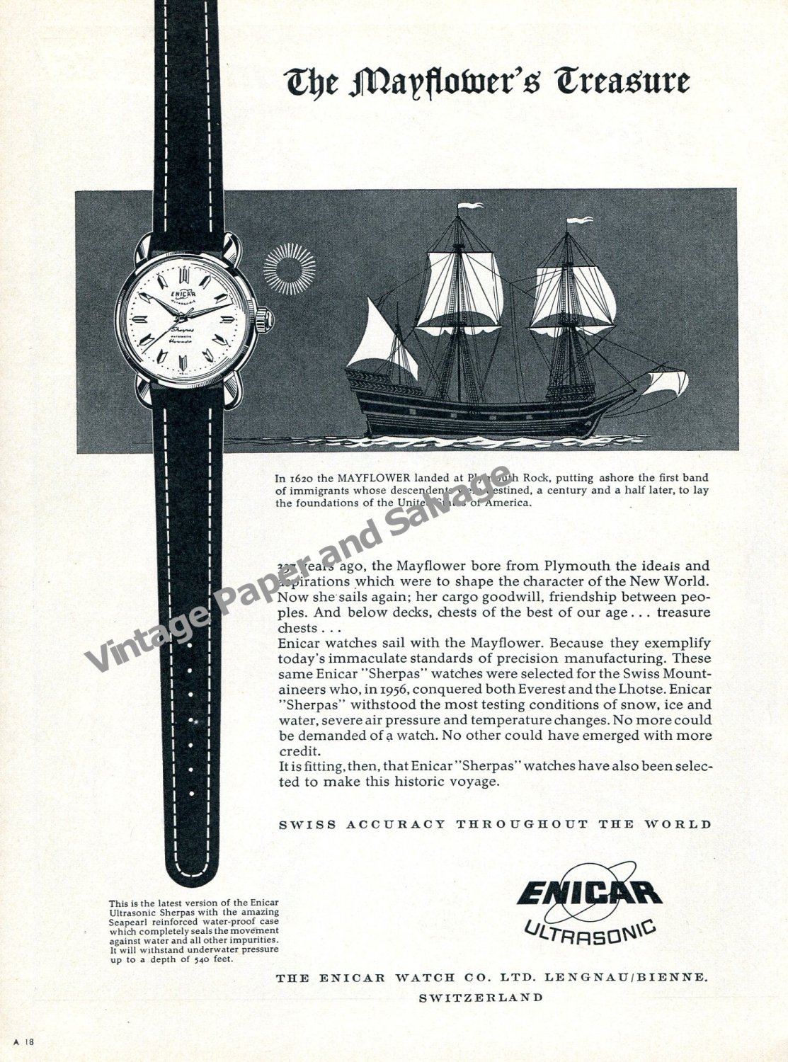 Vintage 1957 Enicar Watch Company The Mayflower's Treasure Swiss Ad Advert Suisse 1950s Switzerland