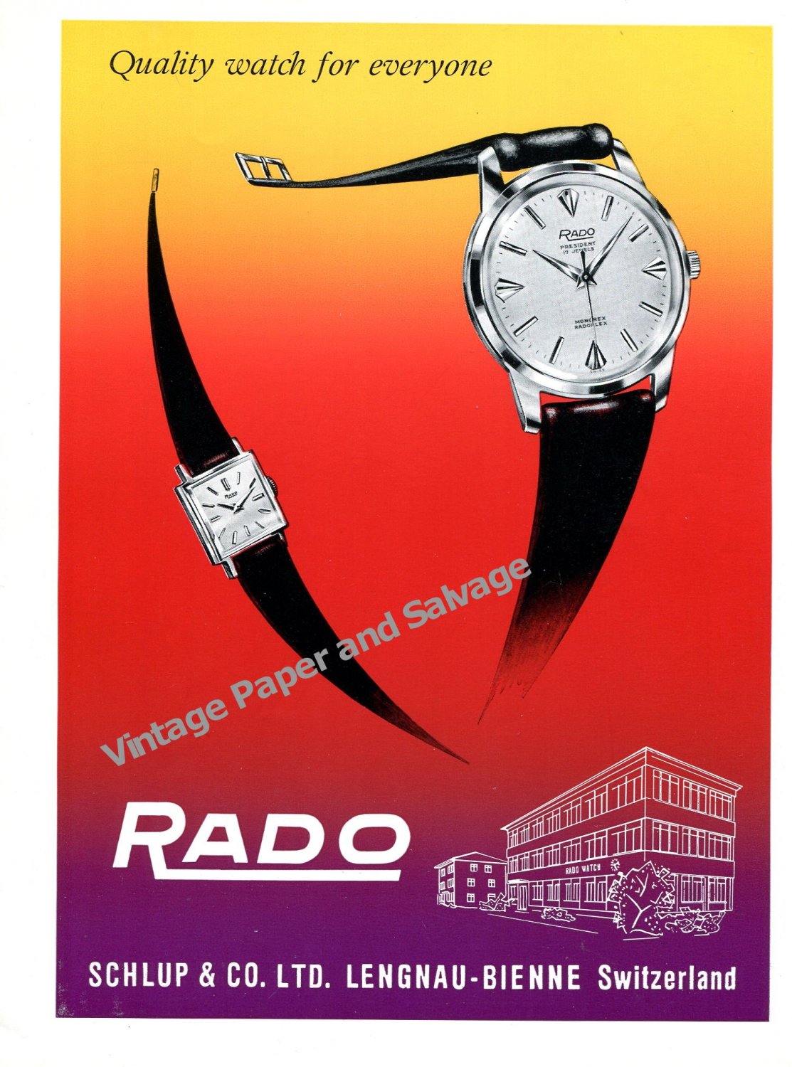 Rado Watch Company Schlup & Co Ltd Switzerland Vintage 1957 Swiss Ad Advert Suisse 1950s