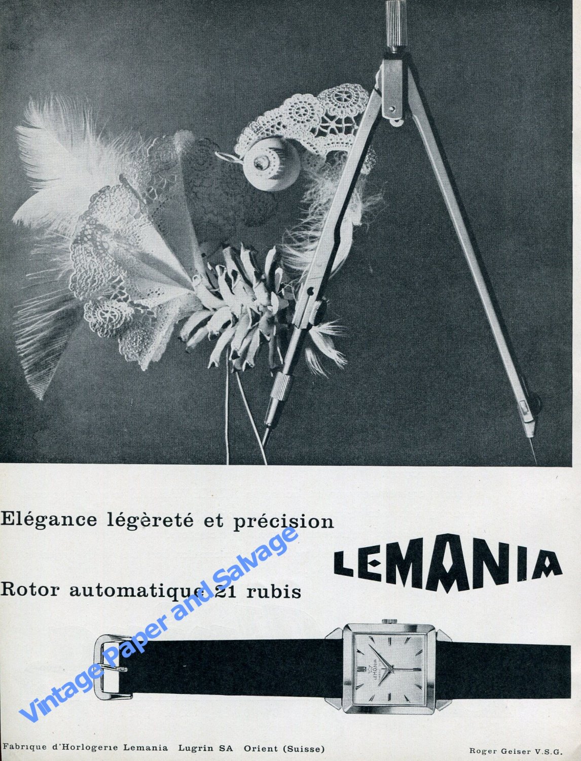 Vintage 1957 Lemania Lugrin SA Watch Company Switzerland Swiss Ad Advert Suisse 1950s