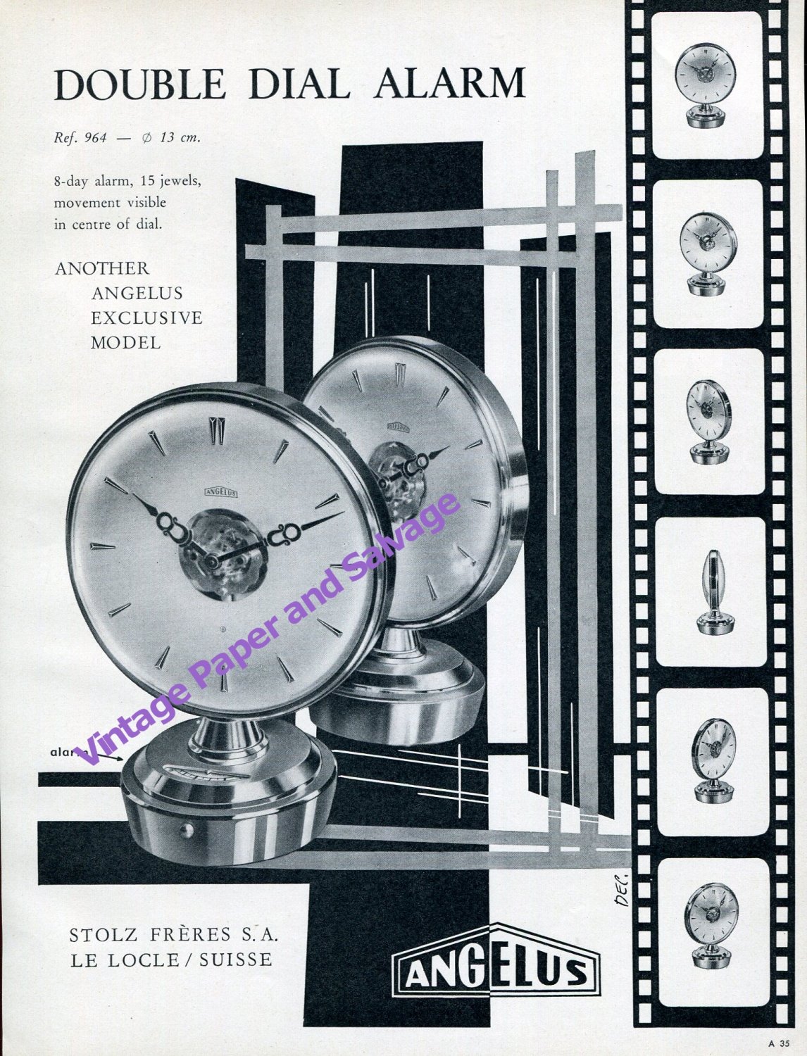 Vintage 1957 Angelus Stolz Freres SA Double Dial Alarm Clock Advert Swiss Ad Publicite Suisse
