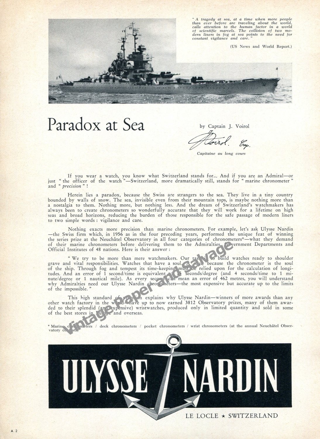Ulysse Nardin Marine Chronometer Watch Advert Paradox at Sea 1957 Swiss Print Ad Advert Suisse