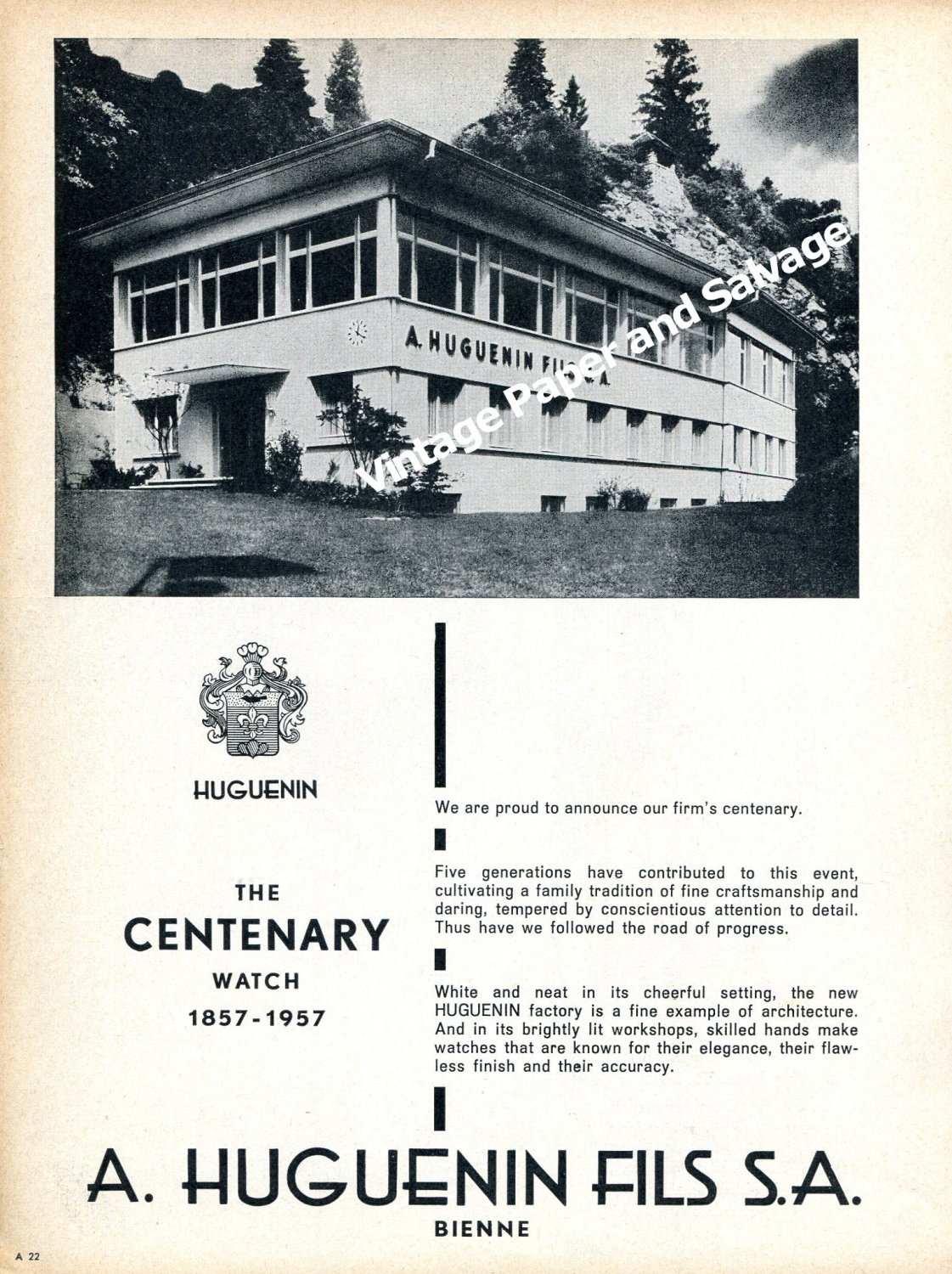 Vintage 1957 A Huguenin Fils SA Watch Factory 100 Year Anniversary Swiss Ad Advert Suisse