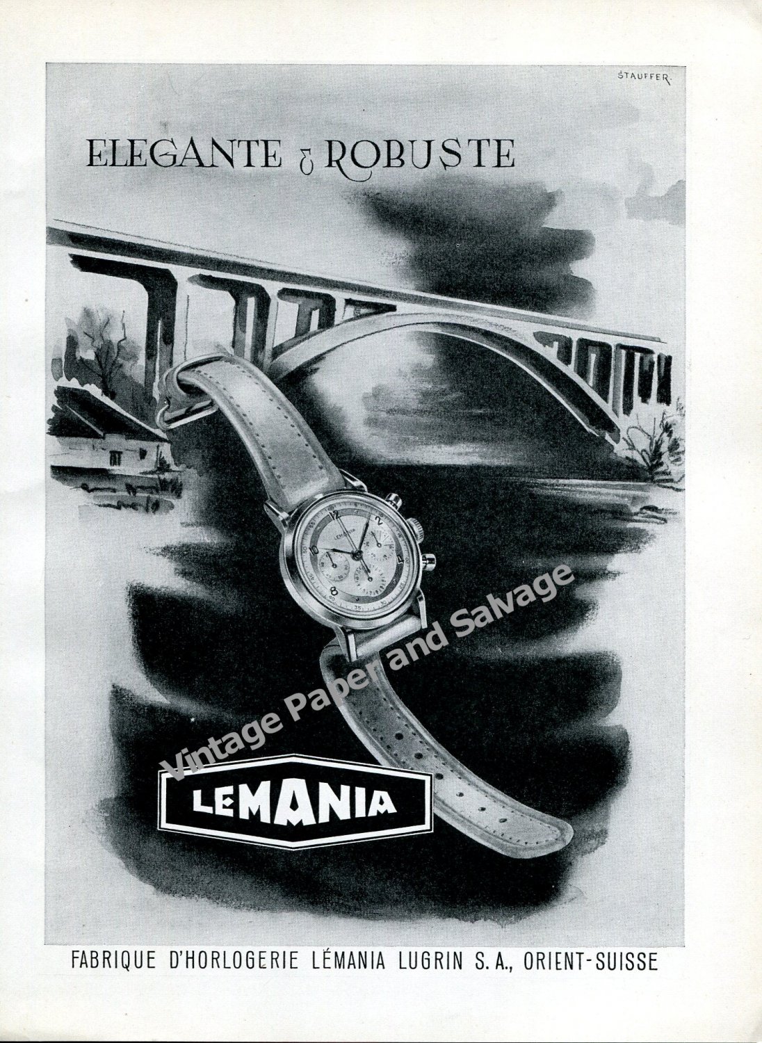 Vintage 1950 Lemania Lugrin SA Watch Company Switzerland Swiss Ad Advert Suisse
