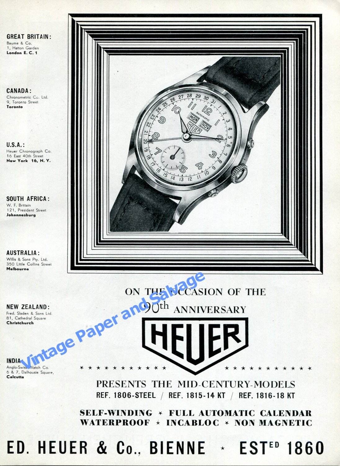 Vintage 1950 Heuer Watch Company Switzerland 90th Anniversary Swiss Ad Advert Suisse