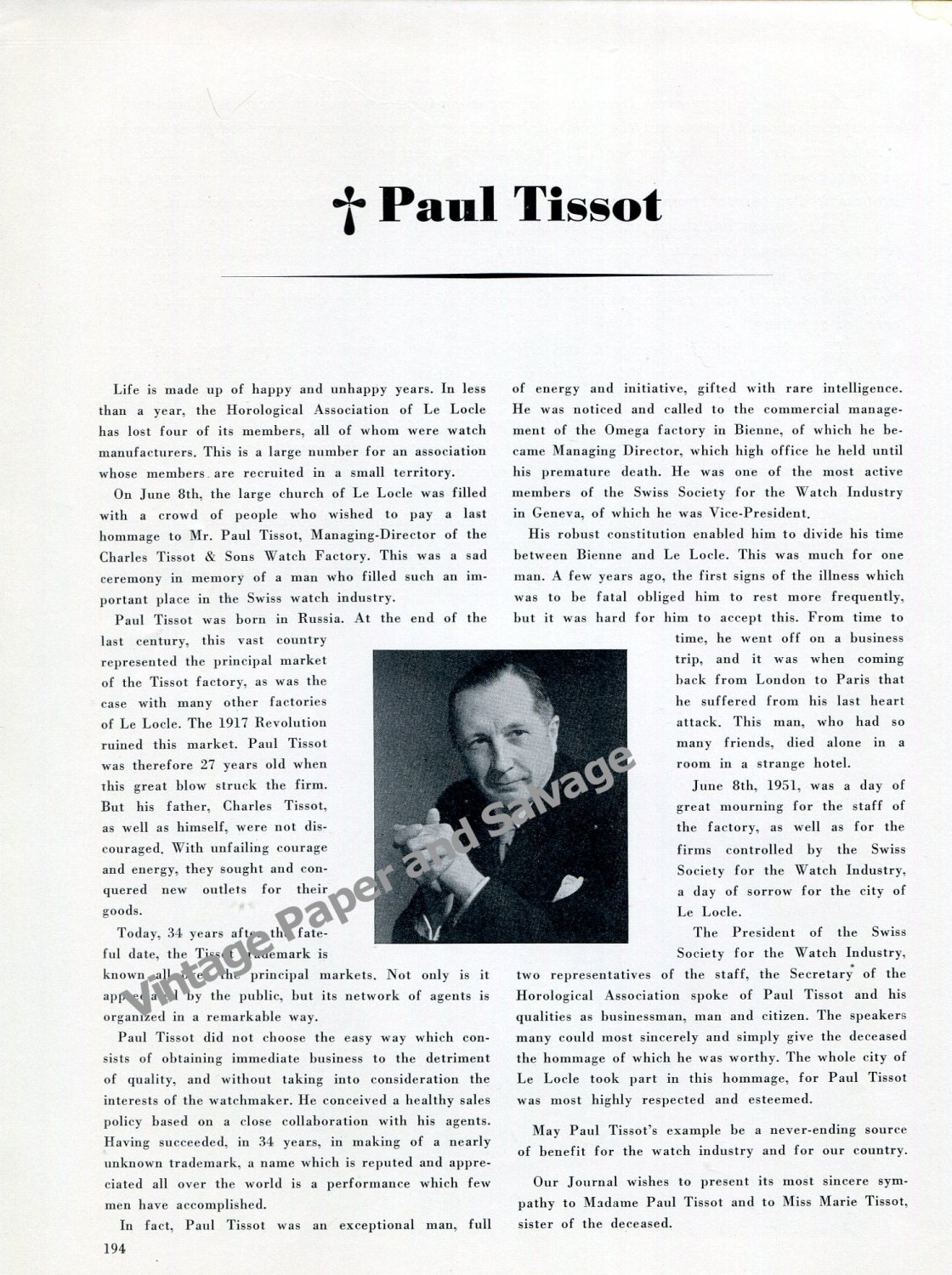 1951 Paul Tissot Tissot Watch Company Switzerland Memorial Obituary Swiss Suisse