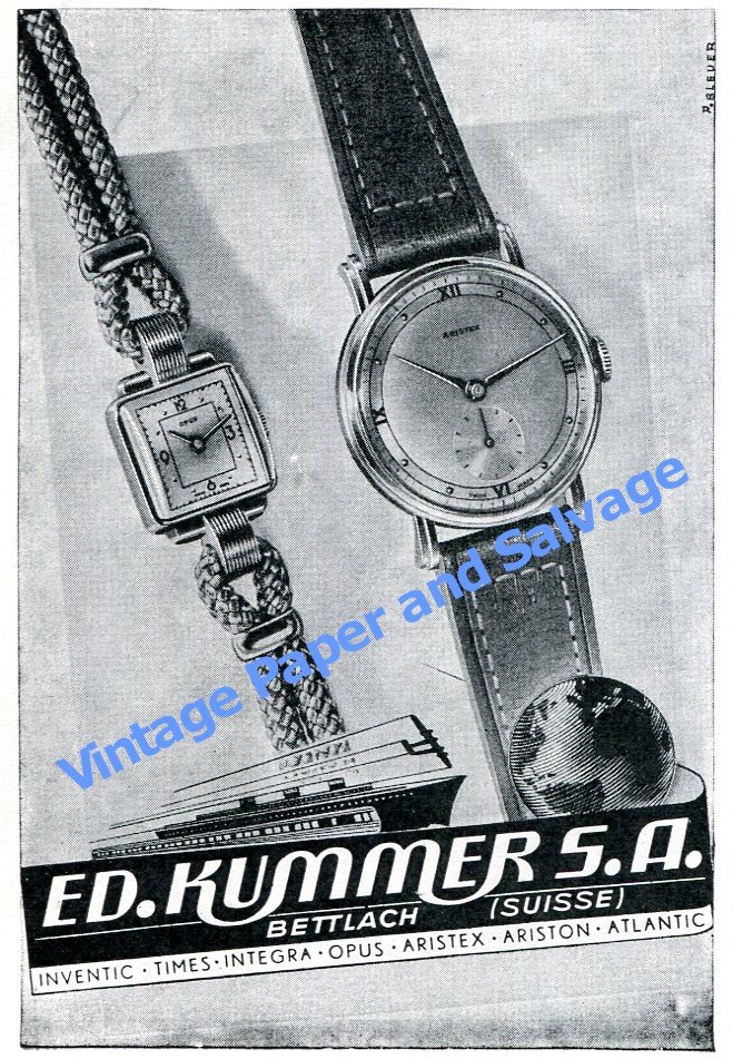 1950 Ed Kummer SA Atlantic Watch Co Opus Aristex Ariston Swiss Ad Advert Suisse