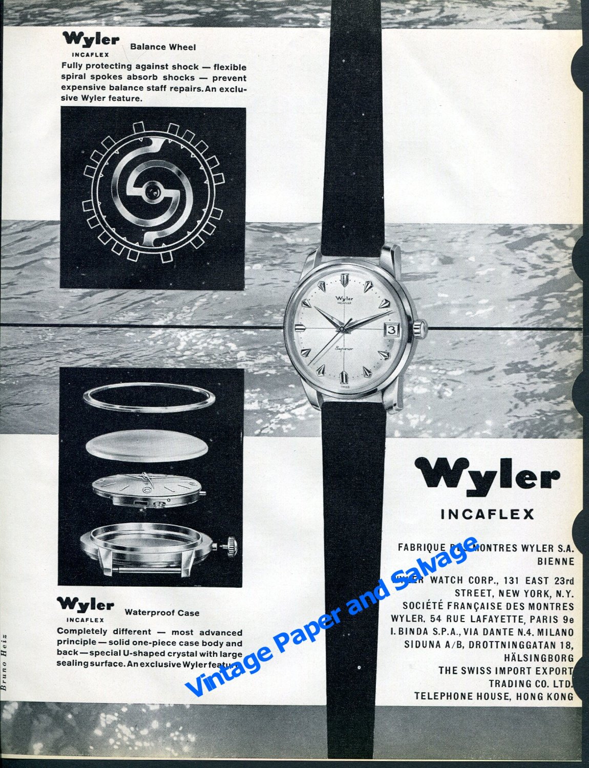 Vintage 1958 Wyler Incaflex Watch Advert Swiss Print Ad Suisse Montres Wyler SA Switzerland