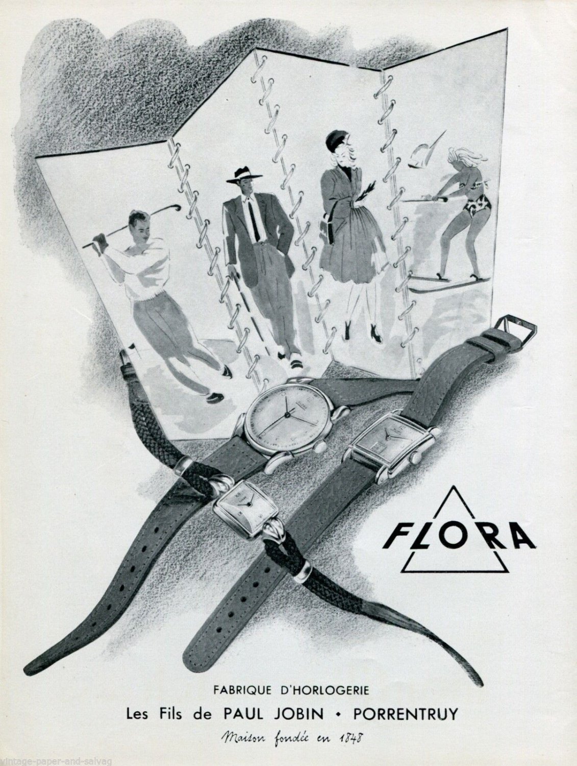 1946 Paul Jobin Flora Watch Company Switzerland 1940s Swiss Print Ad Advert Suisse