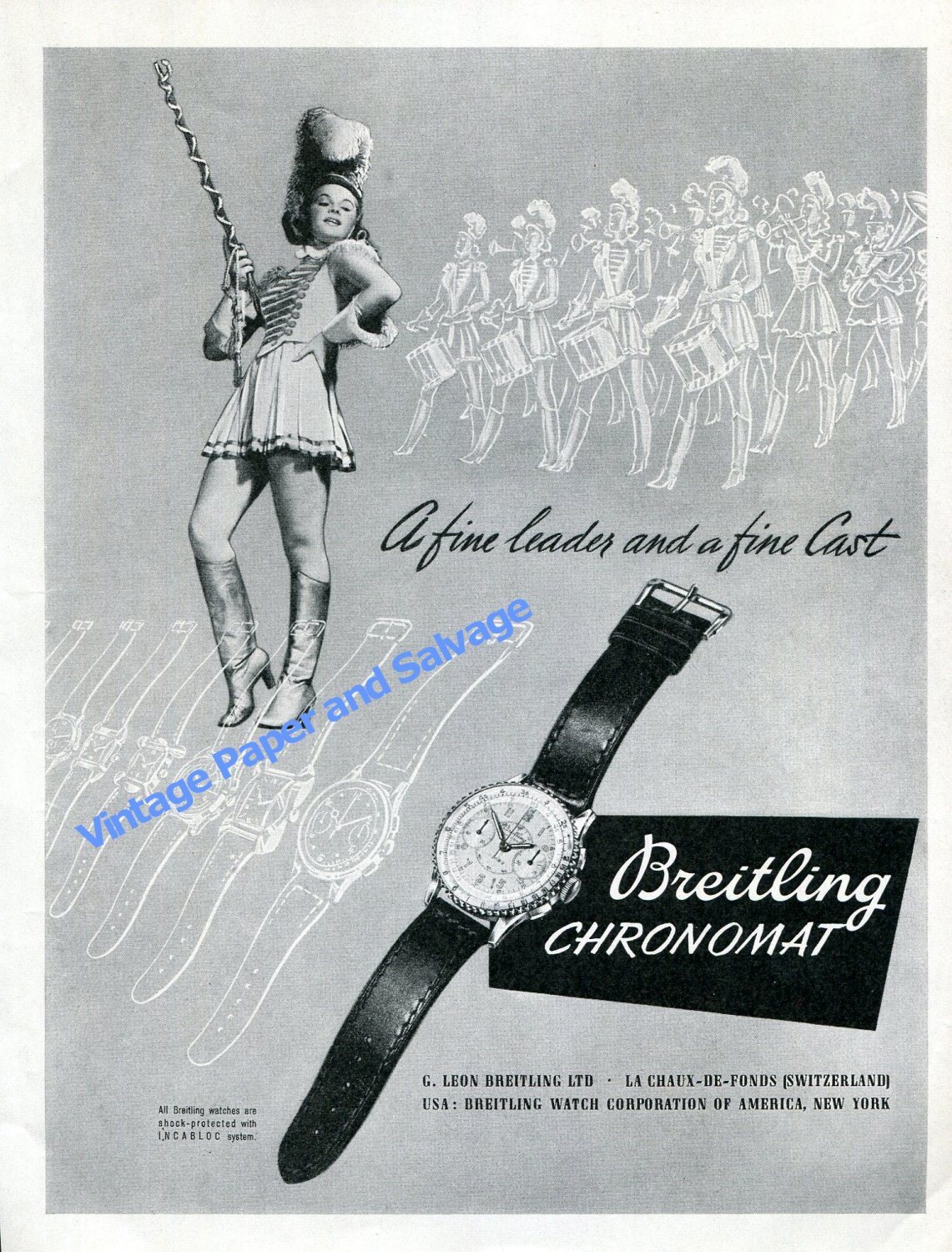 1948 Breitling Watch Company A Fine Leader and a Fine Cast Swiss Ad Advert Suisse