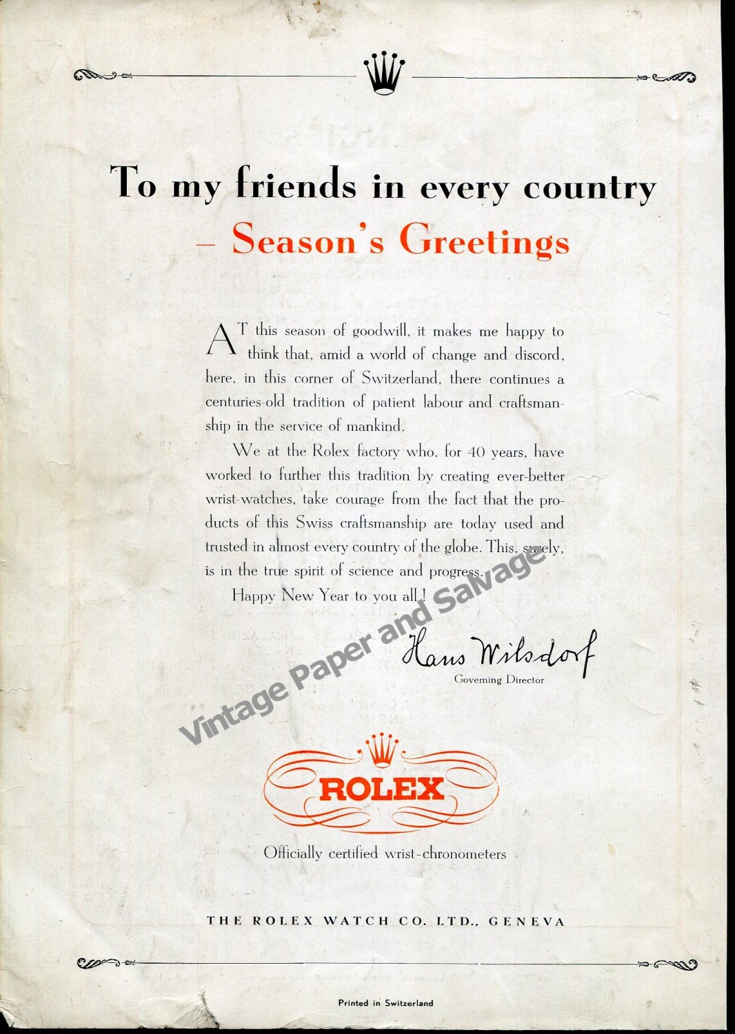 1948 Rolex Season's Greetings to My Friends in Every Country Hans Wilsdorf Swiss Ad Advert Suisse
