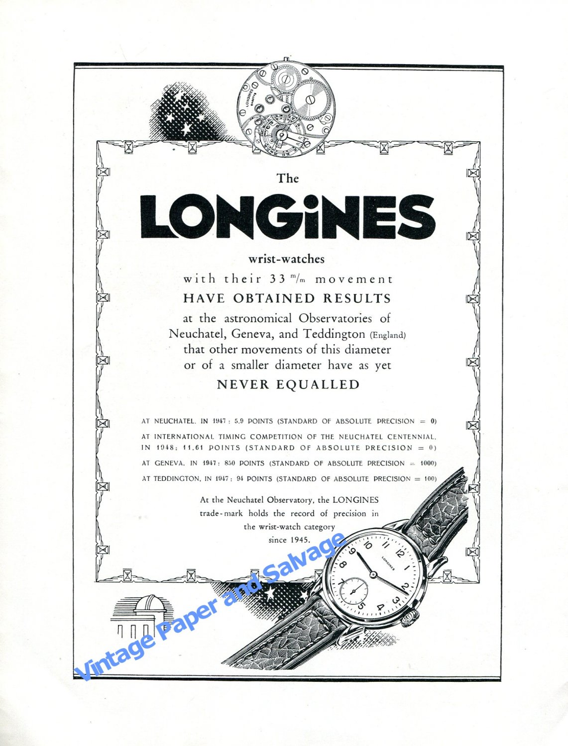 Vintage 1948 Longines Switzerland Astronomical Observatories Results Record 1940s Swiss Ad Advert