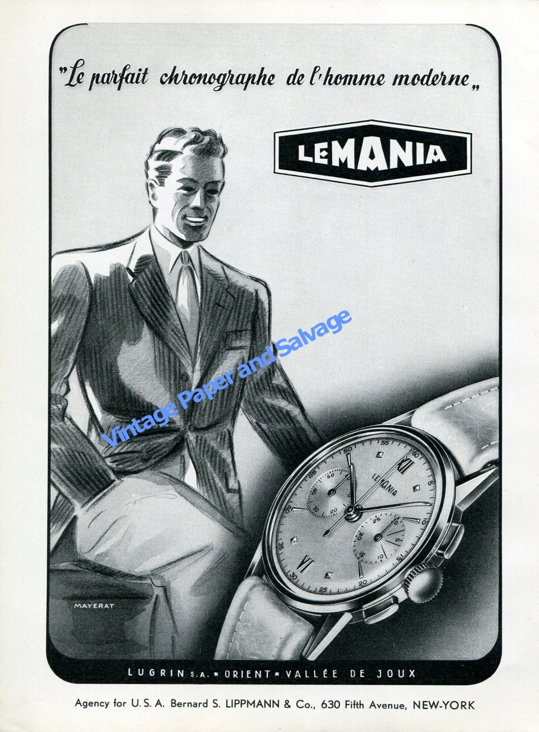 Vintage 1948 Lemania Watch Company Lugrin SA Switzerland 1940s Swiss Ad Advert Suisse
