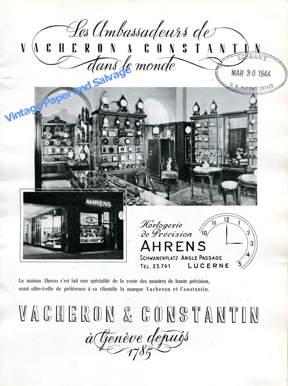 Vintage 1943 Vacheron Constantin Watch Company Switzerland Ahrens 1940s Swiss Ad Advert Suisse