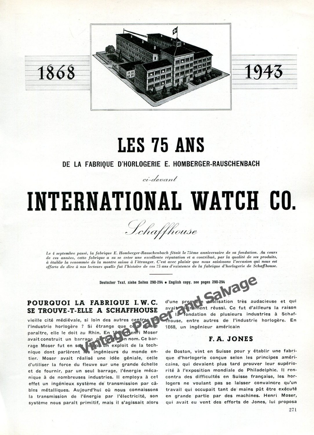 1943 IWC International Watch Company 75 Years Anniversary Switzerland Swiss