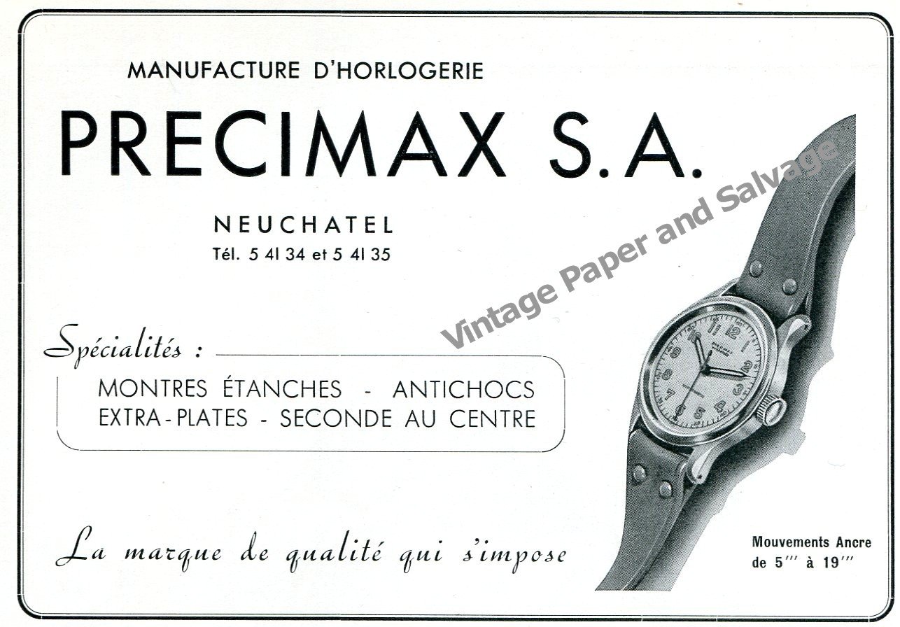 Vintage 1944 Precimax Watch Company Neuchatel Switzerland 1940s Swiss Ad Advert Suisse
