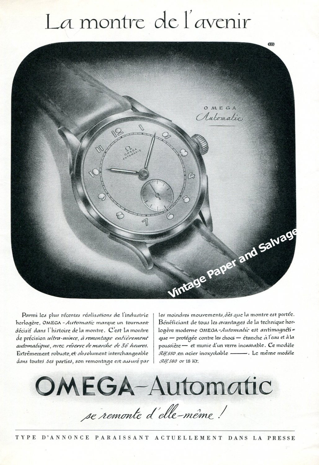 Vintage 1944 Omega Automatic Watch Advert La Montre de l'Avenir 1940s Swiss Ad Advert Suisse