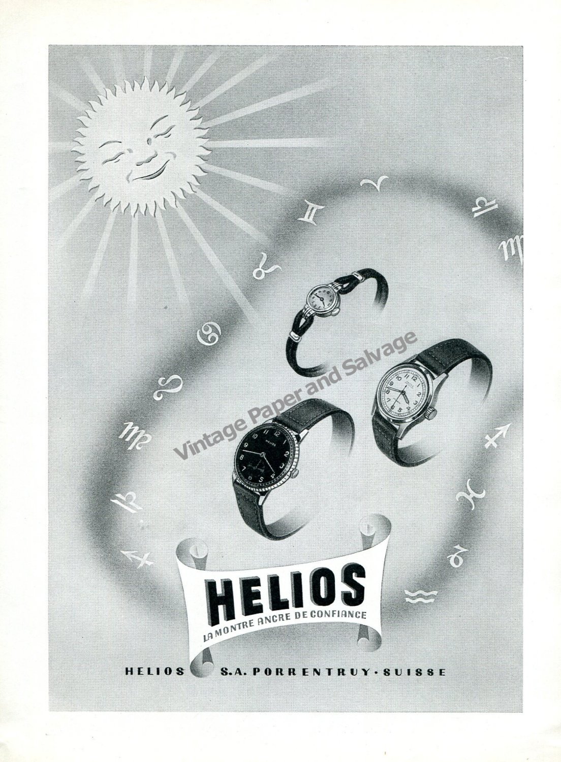 Vintage 1944 Helios Watch Company Switzerland 1940s Swiss Print Ad Advert Suisse