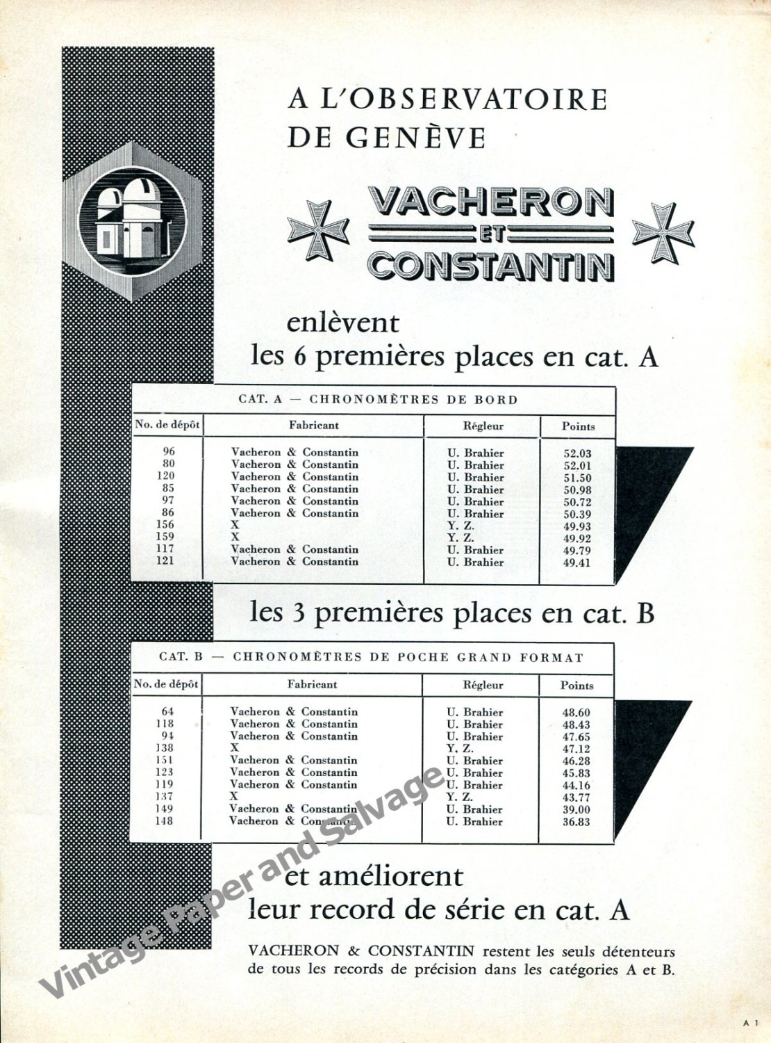 1957 Vacheron et Constantin First Place at the Geneva Observatory Swiss Ad Advert Suisse
