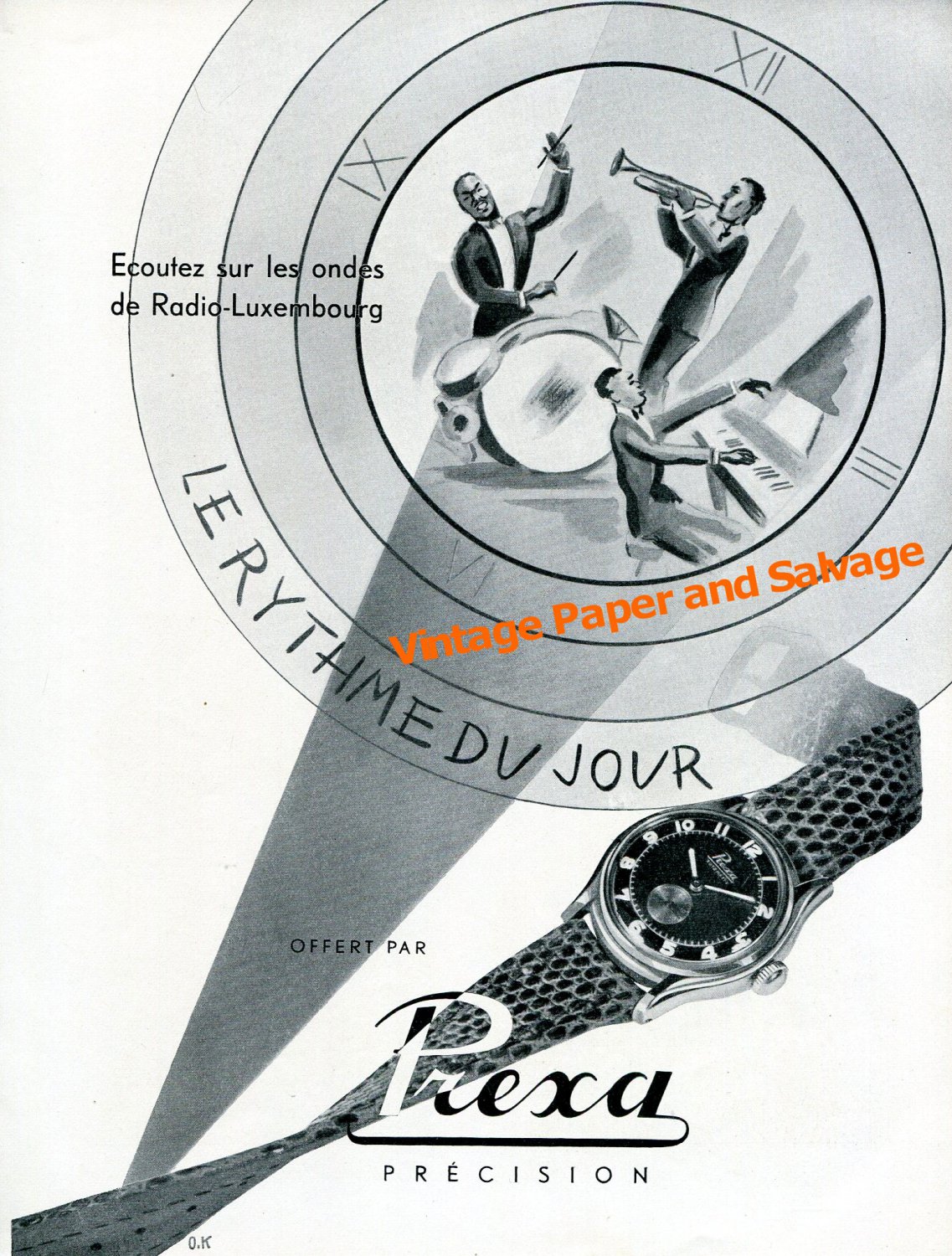 Vintage 1948 Prexa Watch Company Le Rythme du Jour Radio-Luxembourg 1940s Swiss Ad Advert Suisse