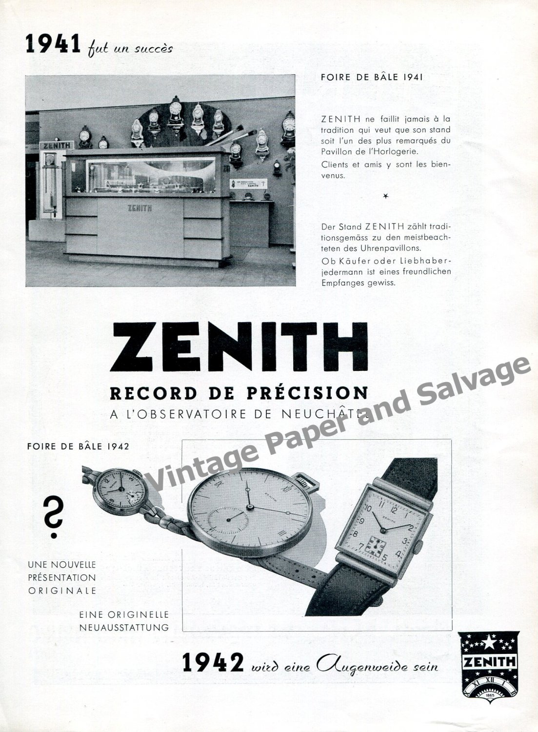 Vintage 1942 Zenith Watch Company Record Neuchatel Observatory Switzerland Swiss Ad Advert Suisse